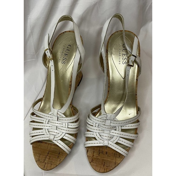 Womens Guess White Platform Sandal 8 Cork Leather 4 Inch Summer Straps Wedge - Picture 9 of 10